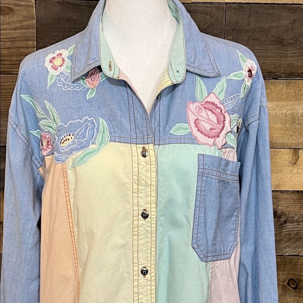 Styles to Go Colorful Embroidered Button-Up Shirt with pastel patchwork